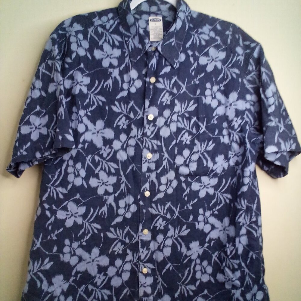 Old Navy Shirt Men L Button Up Short Sleeve Tropical Floral Blue